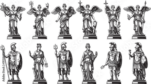 Set of Greek and Roman god silhouettes with winged victory goddesses, ancient warrior deities, marble statues, and classical mythology character icons