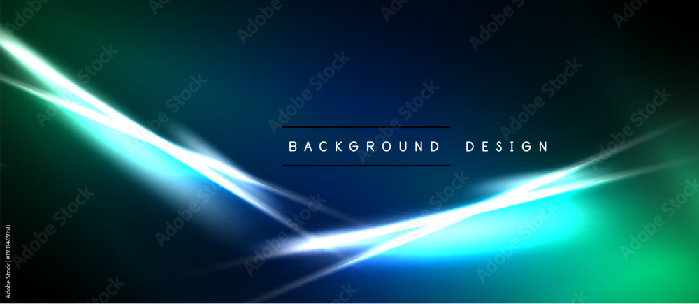 Naklejka premium Abstract background features vibrant blue, green light streaks. Dark space surrounds glowing lines, creating dynamic visual effect.
