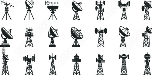 Set of telecommunication tower icons with satellite dish radar antenna and broadcast transmitter stations for radio signal and network technology