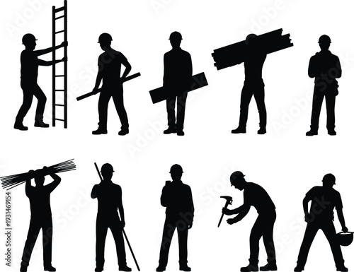 Silhouettes of workers carrying construction tools and ladder