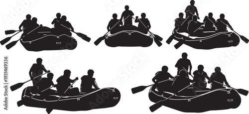 Set of white water rafting silhouettes with people paddling inflatable boats on river rapids for outdoor adventure and extreme sports