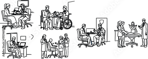 Medical consultation scenes line art vector illustration set with doctors and patients in hospital settings