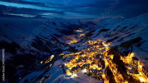 Aerial view of Les Menuires in Les Trois Vallees or The 3 Valleys at sunset