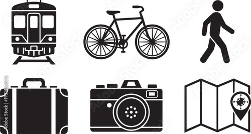 Slow Travel, Sustainable Tourism and Mindful Journey Exploration Silhouette Icon Set Vector Illustration