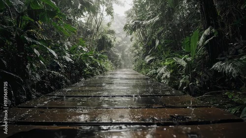 Misty Forest Pathway with Wet Stone Steps.