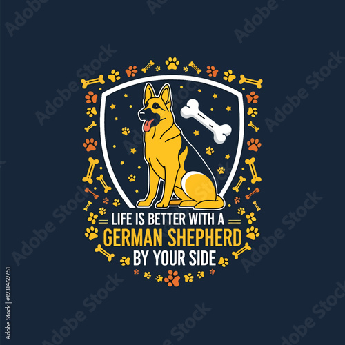 Illustrative graphic featuring a German Shepherd dog, symbolizing a better life with canine companionship.