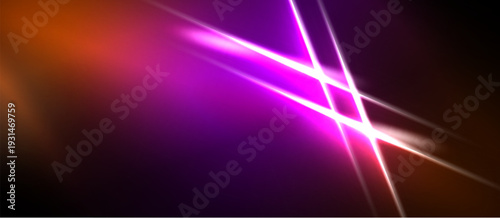 Abstract background features vibrant purple, orange gradients. Diagonal light streaks intersect creating dynamic visual effect. Dark areas frame bright colors.