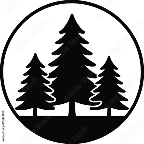 Round Pine Forest Silhouette Vector Illustration: Nature Landscape Badge Graphic.