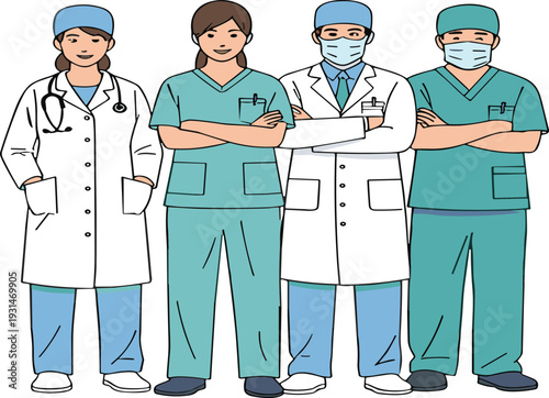 Medical team standing together vector illustration with doctors and nurses in scrubs isolated on light background