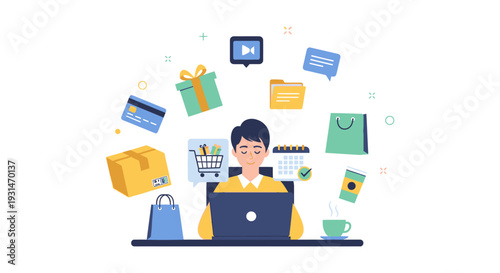 Online Shopping & Digital Lifestyle: Man Multitasking with E-commerce, Payment & Communication Icons