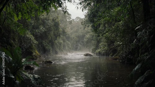 Misty River Flowing Through Dark Forest Canyon.