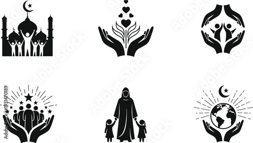 Black and white depicting religious symbols and family themes with hands and children mosque