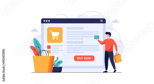Digital Commerce and Online Shopping: Man with Bags Interacting with E-commerce Website & 'Buy Now' Button. Flat Design Illustration.