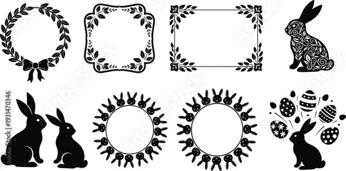 Black and white easter-themed featuring rabbits, wreaths, and eggs