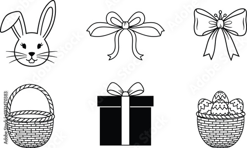 Black and white line of a bunny, bows, baskets, and a gift box with eggs rabbit ribbon
