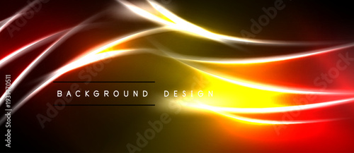 Abstract flowing lines, vibrant colors. Dark background contrasts bright orange, yellow hues. Modern design element.