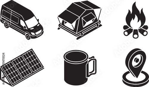 Van Life, Nomadic Living and Off-Grid Camping Lifestyle Isometric Silhouette Icon Set Vector Illustration