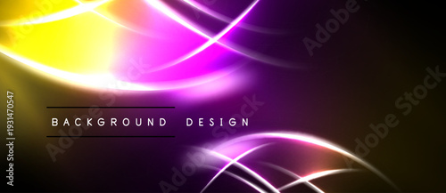 Abstract design features vibrant yellow, purple glows. Lines intersect creating dynamic visual effect. Dark background enhances luminosity.