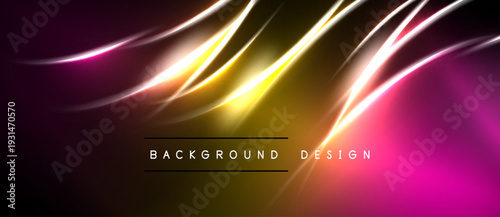Abstract neon lines create vibrant energy. Pink, yellow hues blend into dark background. Modern design element for digital projects.