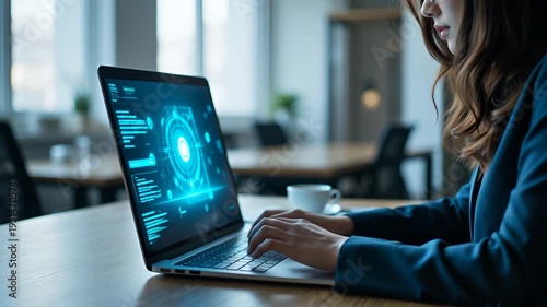 Business Professional Using Laptop with Technology Interface and Data Visualization in Modern Office Environment