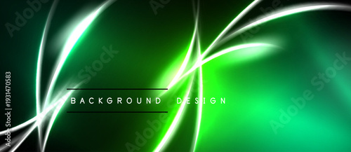 Abstract green background features glowing white lines. Dynamic curves create modern visual effect. Dark areas frame bright center.