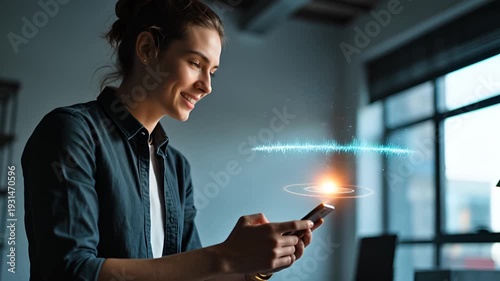 Young woman using smartphone in modern office with digital sound wave visualization, engaging in communication and technology interaction for social connection