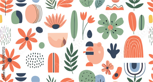 Modern Scandinavian Abstract Floral Seamless Pattern with Minimal Leaves Flowers Shapes in Trendy Earthy Color Palette