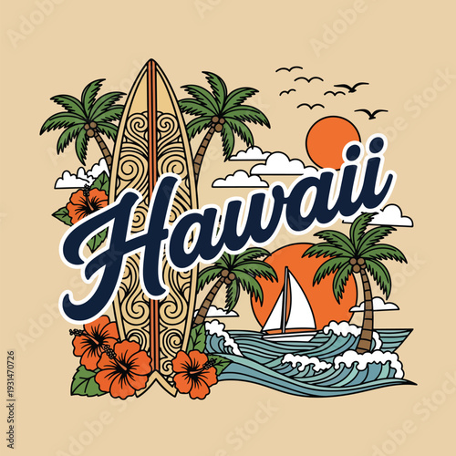 Hawaii island travel vector art with tropical beach scene, surfboard, and palm trees