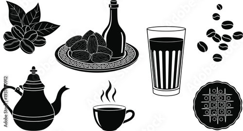 Black and white of coffee beans, a teapot, a cup of coffee, a glass of iced coffee, a bottle, and a coffee filter
