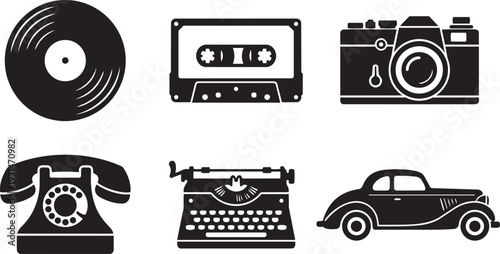 Vintage Retro Revival, Antique Nostalgia and Analog Technology Side Profile Silhouette Icon Set Vector Illustration