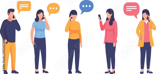 People talking on smartphones vector illustration set with men and women having phone conversations isolated