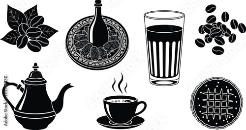 Black and white of coffee beans, coffee pot, cup, glass, and waffle