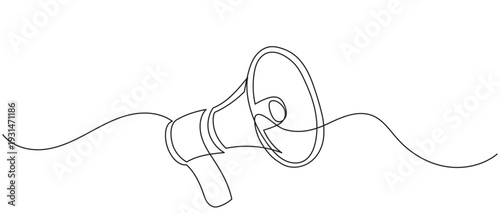 continuous line drawing of a megaphone with flowing sound waves, simple single bullhorn speaker line art design announcement or communication vector illustration.