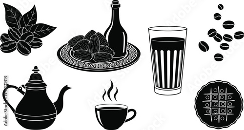 Black and white of coffee-related including a teapot, coffee beans, a glass of coffee, and a tray of pastries