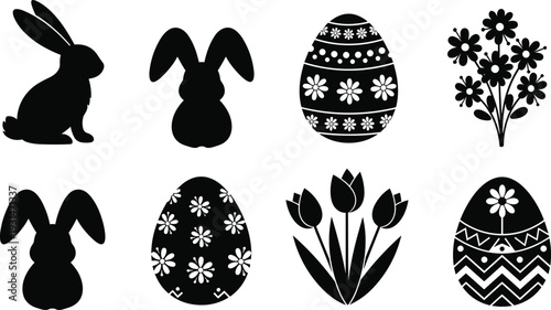 Black and white of easter bunnies, decorated eggs, and spring flowers bunny rabbit