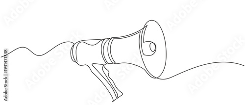 continuous line drawing of a megaphone with flowing sound waves, simple single bullhorn speaker line art design announcement or communication vector illustration.