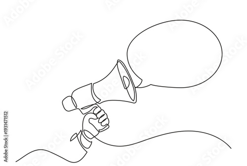 Continuous line drawing of a hand holding a megaphone with a speech bubble, single line art holding a bullhorn. Concept of announcement, marketing, communication, and public message.