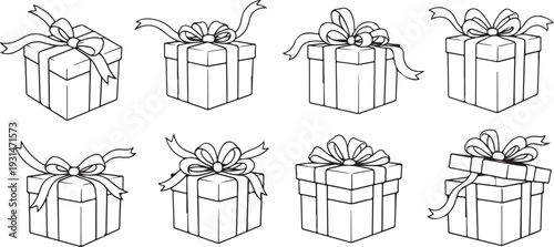 A collection of eight elegantly wrapped gift boxes with ribbons and bows