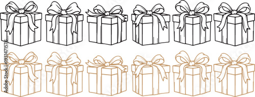A collection of illustrated gift boxes in various line art styles and colors