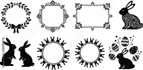 Black and white of rabbits and decorative frames with floral and egg patterns floral patterns