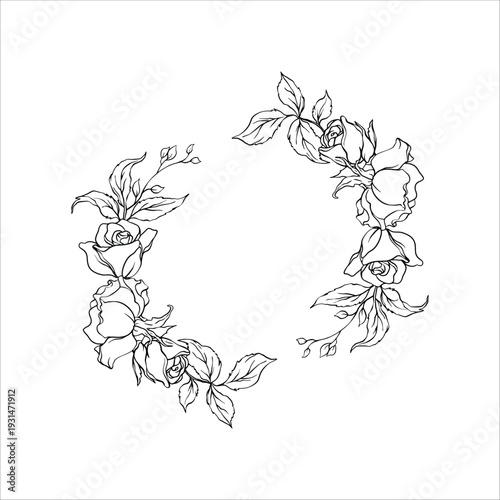 Open circular wreath made of roses and foliage in refined line drawing style. The composition features balanced floral clusters with visible petal structure and organic leaf shapes.