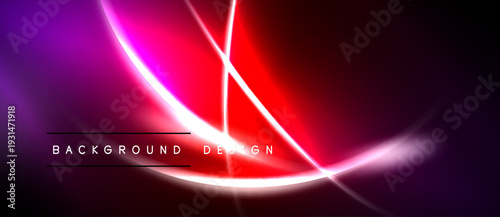 Vibrant neon lines intersect over dark background. Purple, pink, red hues create dynamic visual effect. Modern design element.