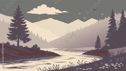 Serene Monochromatic Mountain Landscape with Winding River and Pine Forest