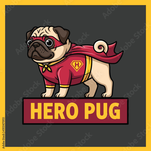 Courageous Superhero Pug Dog Standing Ready for Action, Vector Illustration on Dark Background