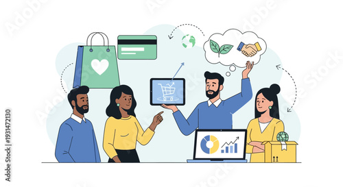 E-commerce & Sustainable Business Growth with Diverse Team. Digital Marketing, Online Shopping & Analytics.