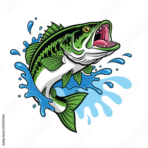 Vibrant vector illustration depicting a powerful largemouth fish aggressively jumping from water with splashes