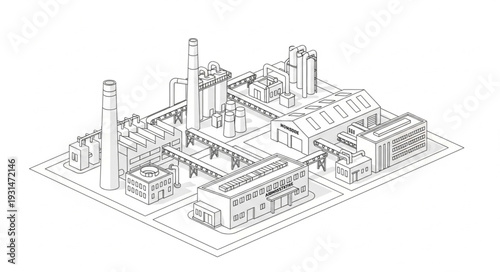 Industrial factory complex isometric line drawing illustration.