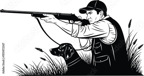 Hunter with dog aiming rifle in grassy field during hunting season, targeting for shot silhouette vector