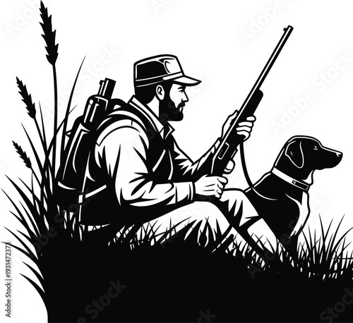 A hunter with his dog in a field, holding a rifle and wearing a hat silhouette vector