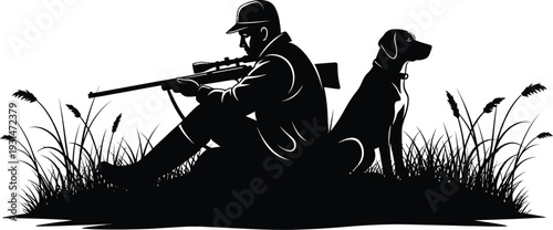 A hunter with a rifle and a dog in a grassy field, ready for action silhouette vector